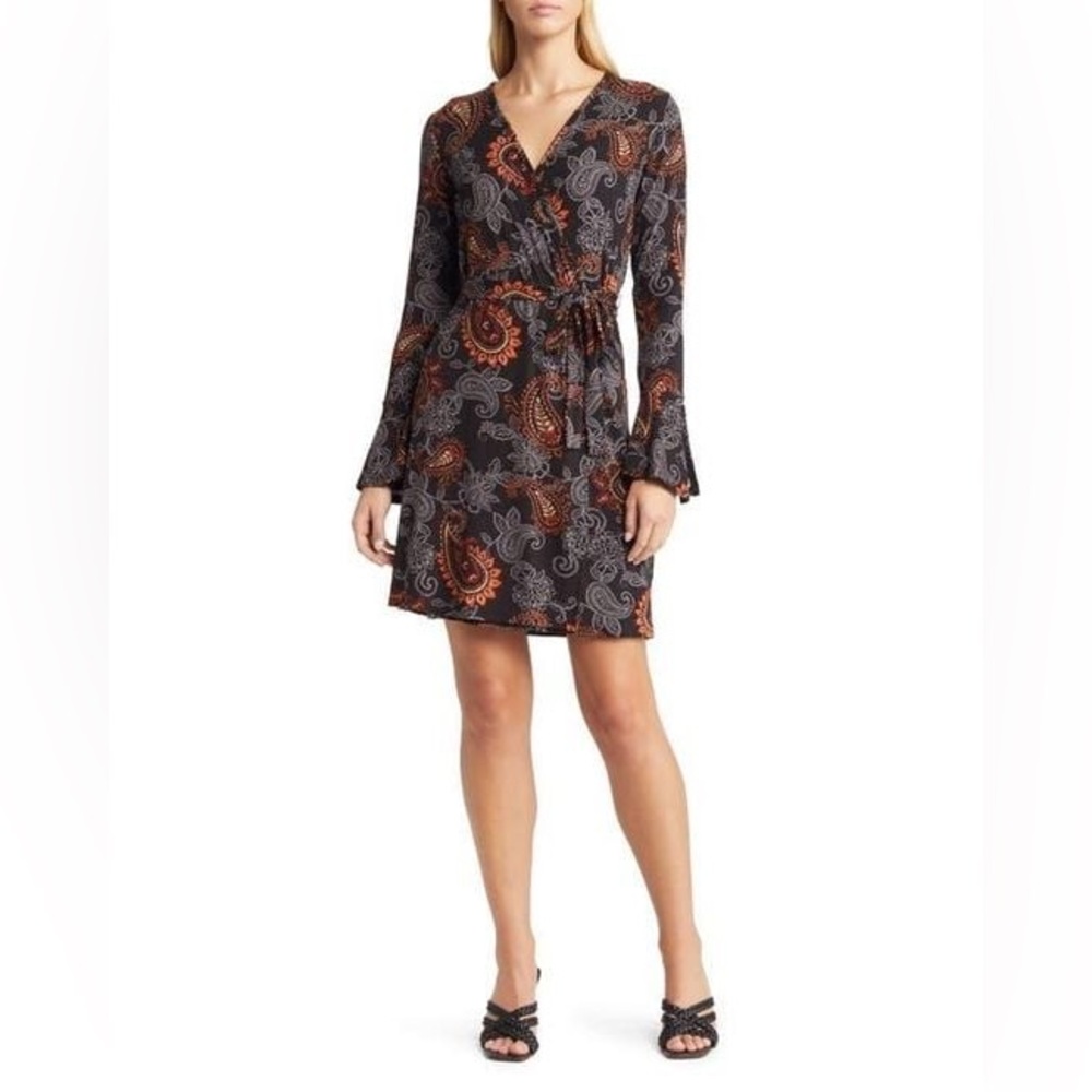 Loveappella Black Boho Paisley Long Sleeve Faux Wrap Dress Women’s Size Large - Picture 2 of 11